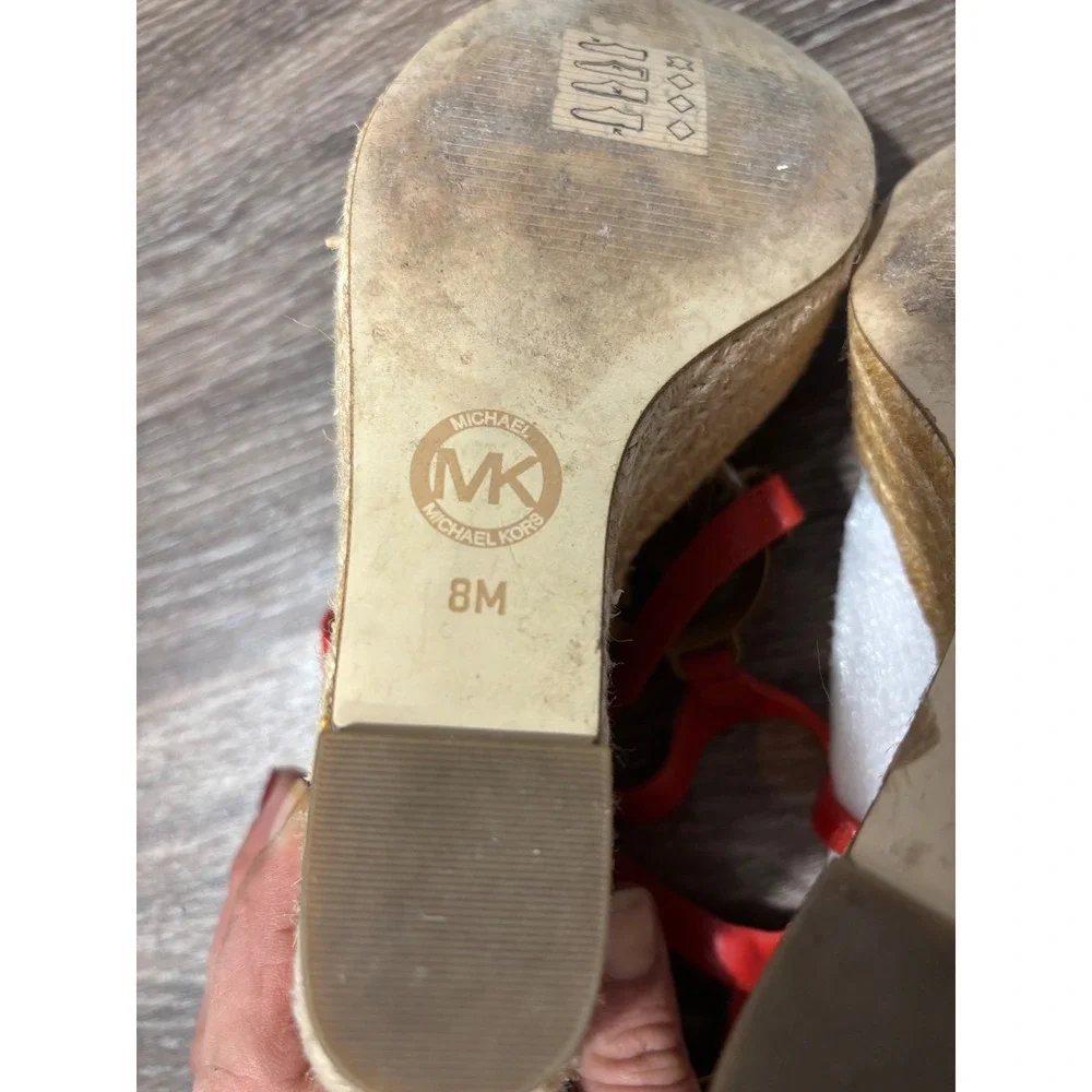 Michael Kors Red‎ Leather Espadrille Wedge Sandals MK Logo Gold Hardware 8M